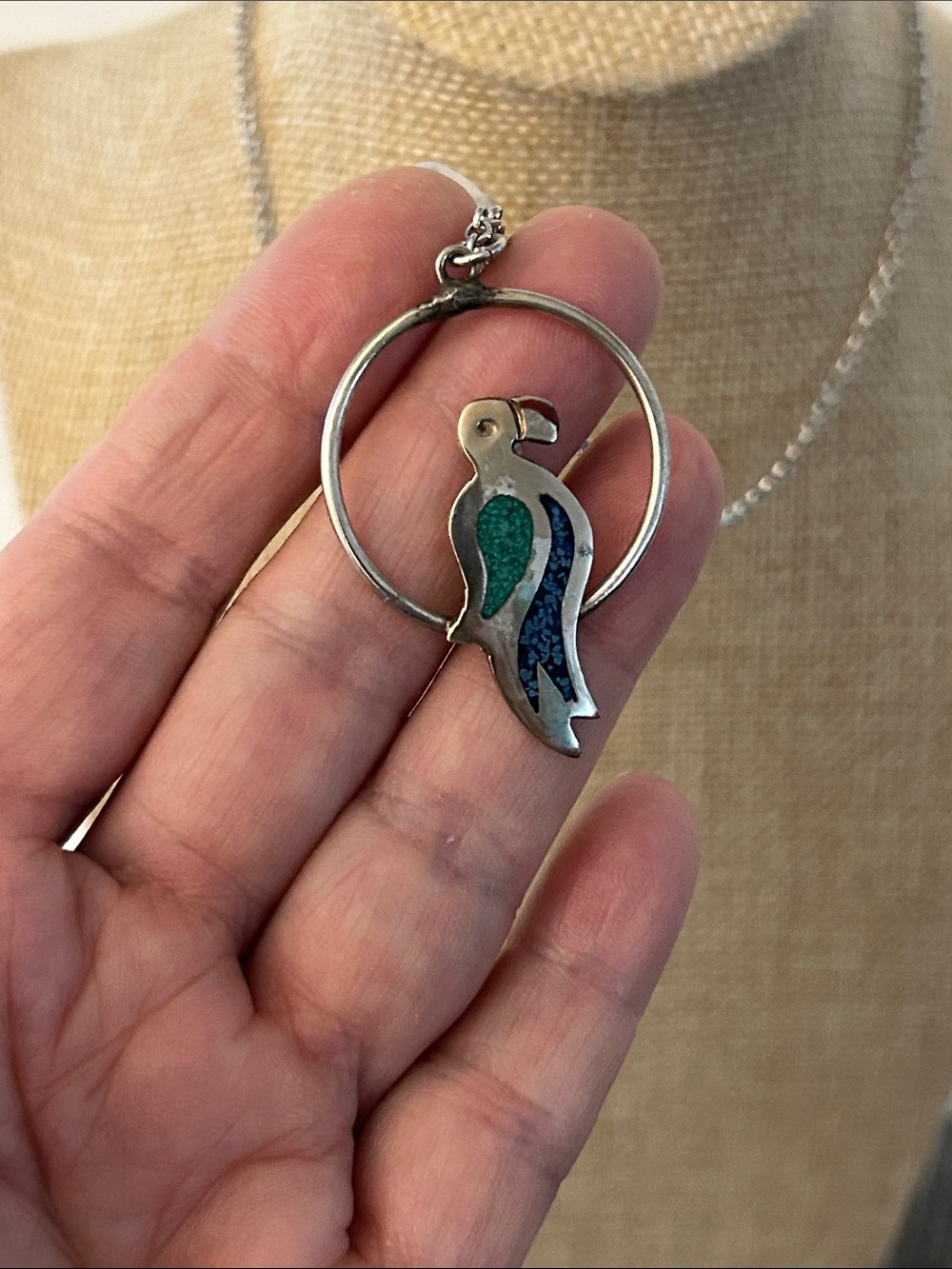 Silver Mexico Parrot Pendant Necklace with Teal & Navy Inlay on silvertone chain
